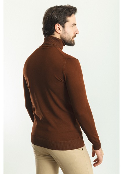 Düz Kiremit Rengi Slim Fit Tam Balıkçı Yaka Erkek Kazak fırsatları