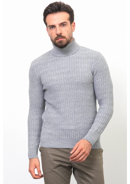 Örgü Desenli Gri Renk Slim Fit Tam Balıkçı Yaka Yün Erkek Kazak