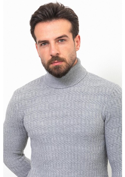 Örgü Desenli Gri Renk Slim Fit Tam Balıkçı Yaka Yün Erkek Kazak fiyatları