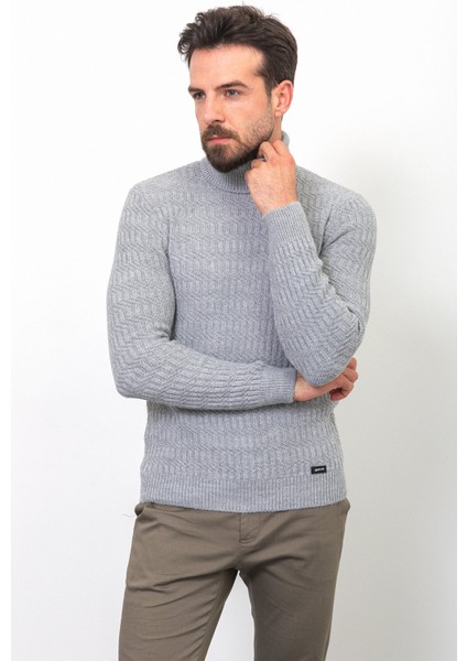 Örgü Desenli Gri Renk Slim Fit Tam Balıkçı Yaka Yün Erkek Kazak modelleri