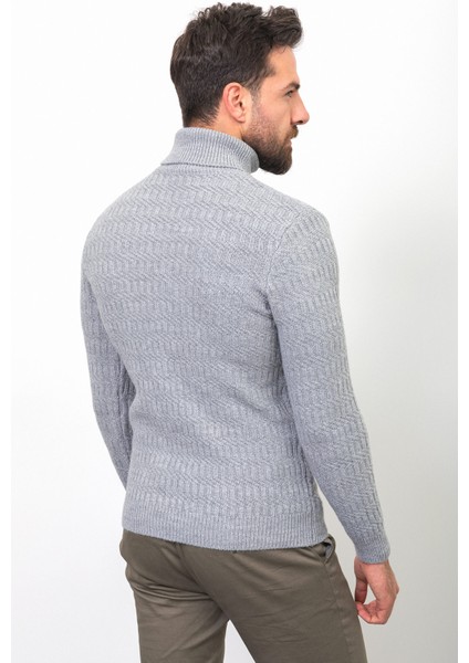 Örgü Desenli Gri Renk Slim Fit Tam Balıkçı Yaka Yün Erkek Kazak fırsatları