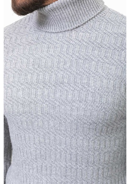 Örgü Desenli Gri Renk Slim Fit Tam Balıkçı Yaka Yün Erkek Kazak indirimleri