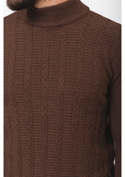 Desenli Kahverengi Slim Fit Yarım Balıkçı Yaka Yün Erkek Kazak fiyatları