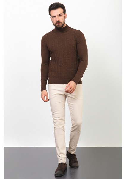 Desenli Kahverengi Slim Fit Yarım Balıkçı Yaka Yün Erkek Kazak modelleri