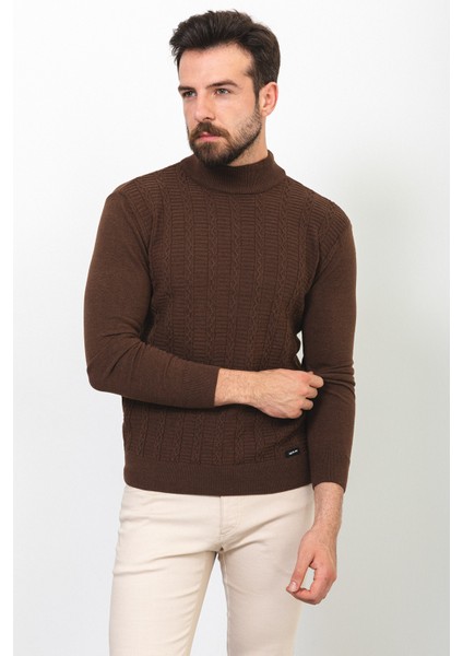 Desenli Kahverengi Slim Fit Yarım Balıkçı Yaka Yün Erkek Kazak fırsatları