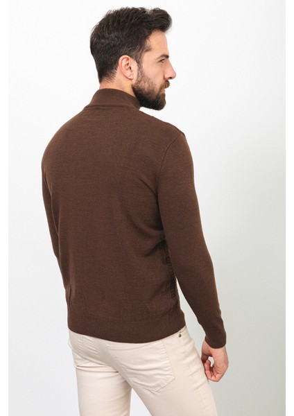 Desenli Kahverengi Slim Fit Yarım Balıkçı Yaka Yün Erkek Kazak indirimleri