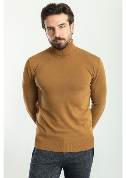 Düz Kamel Rengi Slim Fit Tam Balıkçı Yaka Erkek Kazak