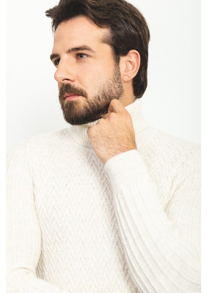 Desenli Bej Rengi Slim Fit Tam Balıkçı Yaka Yün Erkek Kazak fırsatları