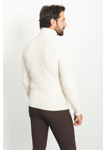 Desenli Bej Rengi Slim Fit Tam Balıkçı Yaka Yün Erkek Kazak indirimleri