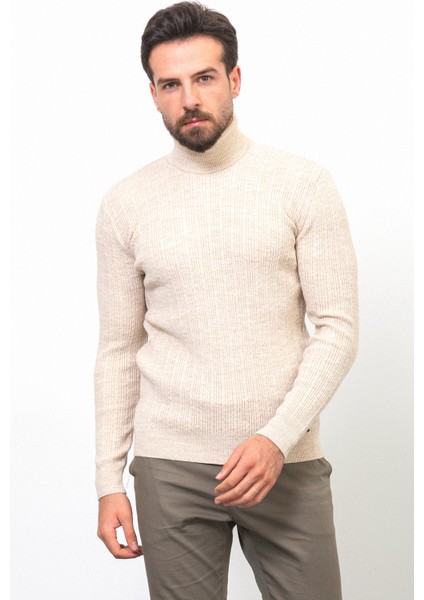 Çizgili Bej Rengi Slim Fit Yarım Balıkçı Yaka Yün Erkek Kazak modelleri
