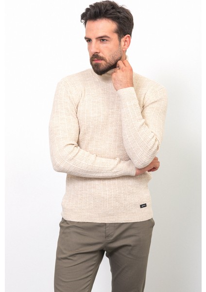 Çizgili Bej Rengi Slim Fit Yarım Balıkçı Yaka Yün Erkek Kazak fırsatları