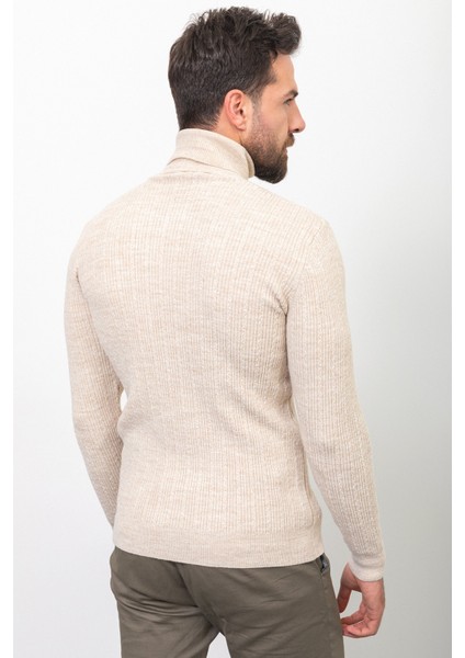 Çizgili Bej Rengi Slim Fit Yarım Balıkçı Yaka Yün Erkek Kazak indirimleri