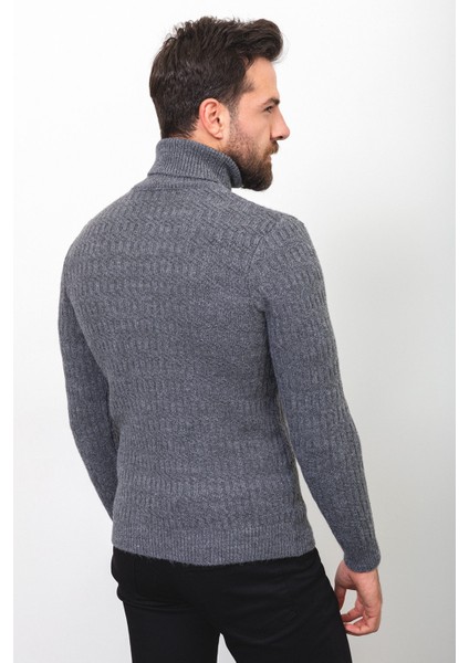 Örgü Desenli Koyu Gri Slim Fit Tam Balıkçı Yaka Yün Erkek Kazak fırsatları