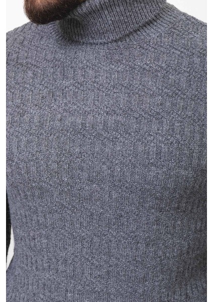 Örgü Desenli Koyu Gri Slim Fit Tam Balıkçı Yaka Yün Erkek Kazak indirimleri