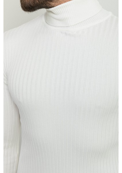 Çizgili Beyaz Renk Slim Fit Tam Balıkçı Yaka Erkek Kazak fiyatları