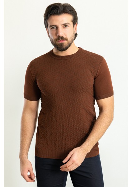 Desenli Fındık Rengi Slim Fit Bisiklet Yaka Erkek Triko T-Shirt