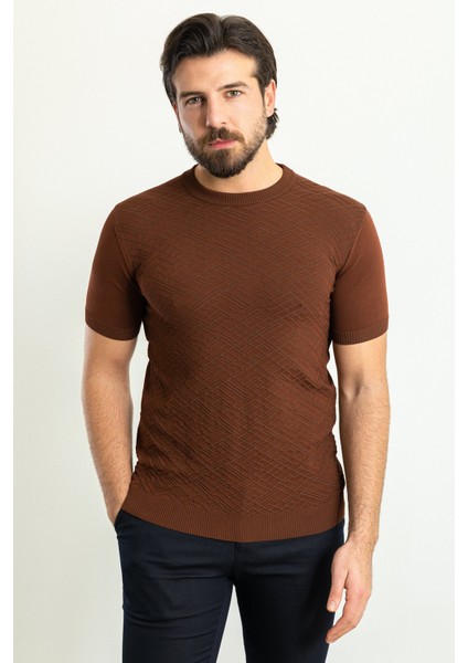 Desenli Fındık Rengi Slim Fit Bisiklet Yaka Erkek Triko T-Shirt modelleri