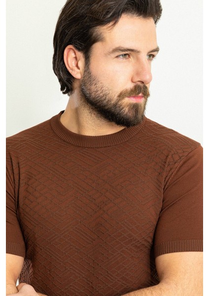 Desenli Fındık Rengi Slim Fit Bisiklet Yaka Erkek Triko T-Shirt fırsatları