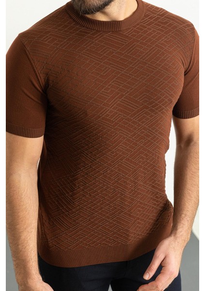 Desenli Fındık Rengi Slim Fit Bisiklet Yaka Erkek Triko T-Shirt indirimleri