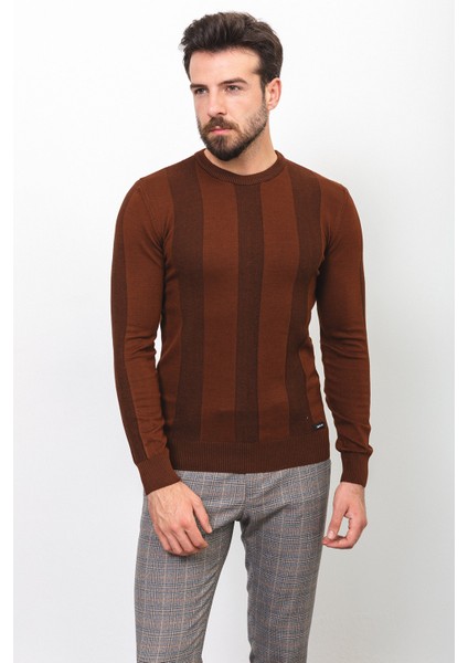 Çizgili Kiremit Rengi Slim Fit Bisiklet Yaka Erkek Kazak