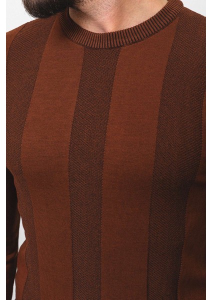 Çizgili Kiremit Rengi Slim Fit Bisiklet Yaka Erkek Kazak
