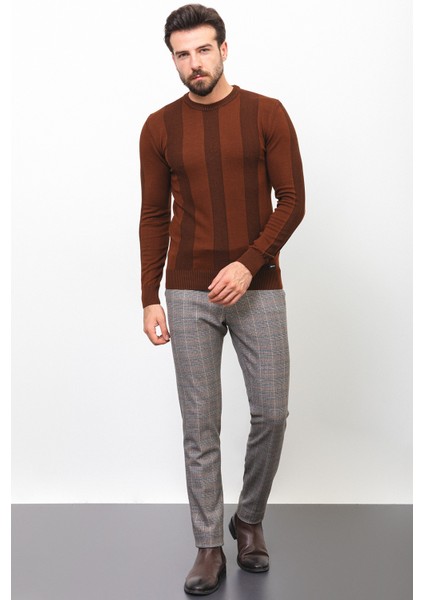 Çizgili Kiremit Rengi Slim Fit Bisiklet Yaka Erkek Kazak