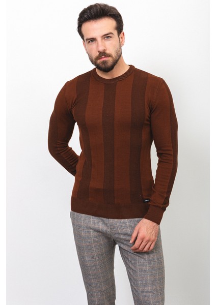 Çizgili Kiremit Rengi Slim Fit Bisiklet Yaka Erkek Kazak