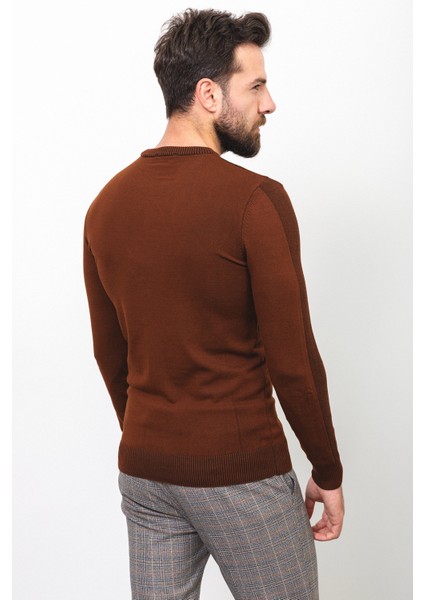 Çizgili Kiremit Rengi Slim Fit Bisiklet Yaka Erkek Kazak