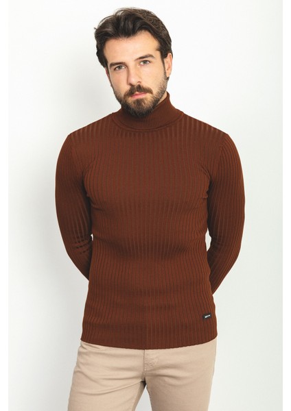 Çizgili Kiremit Rengi Slim Fit Tam Balıkçı Yaka Erkek Kazak