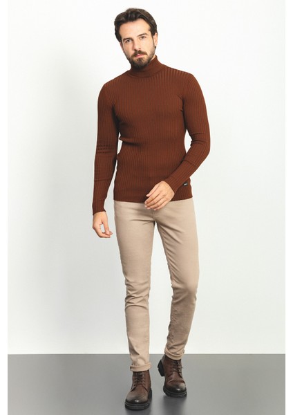Çizgili Kiremit Rengi Slim Fit Tam Balıkçı Yaka Erkek Kazak