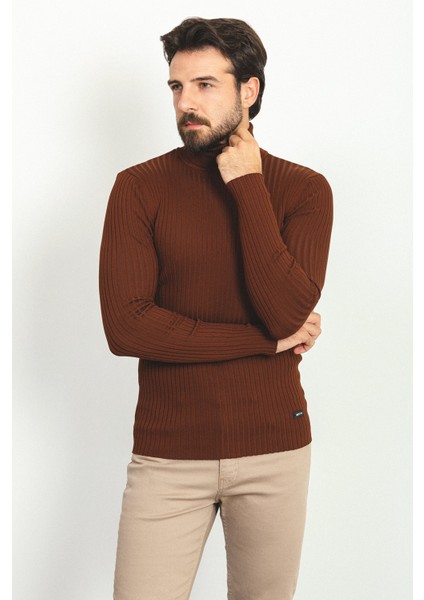 Çizgili Kiremit Rengi Slim Fit Tam Balıkçı Yaka Erkek Kazak
