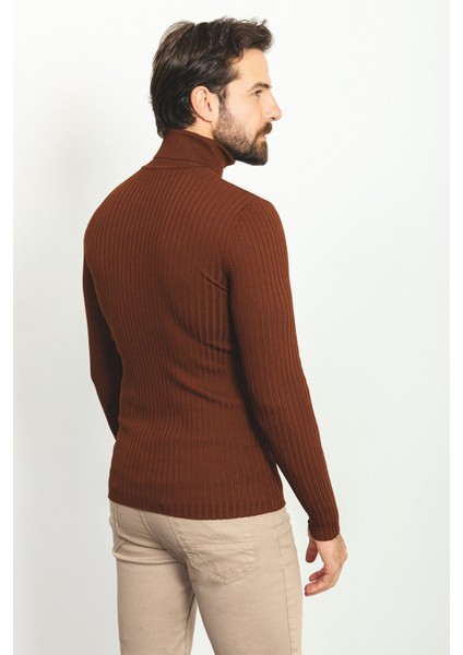 Çizgili Kiremit Rengi Slim Fit Tam Balıkçı Yaka Erkek Kazak