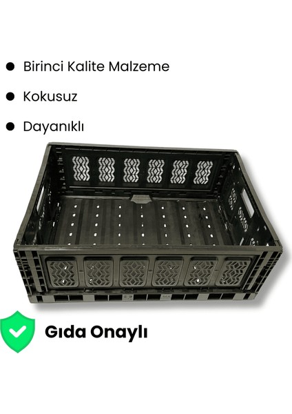 1.Kalite Katlanır Siyah Kasa 60x40x23 cm - Gıdaya Uygun Katlanabilir Düzenleyici Sepet 45 Litre