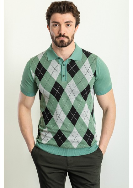 Desenli Yeşil Rengi Slim Fit Polo Yaka Erkek Triko T-Shirt