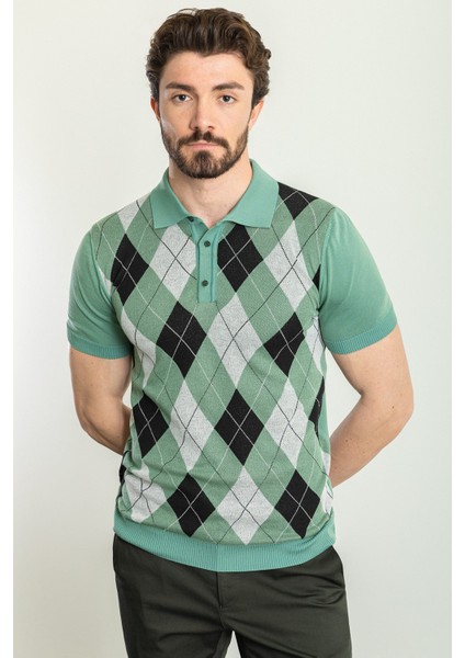 Desenli Yeşil Rengi Slim Fit Polo Yaka Erkek Triko T-Shirt modelleri