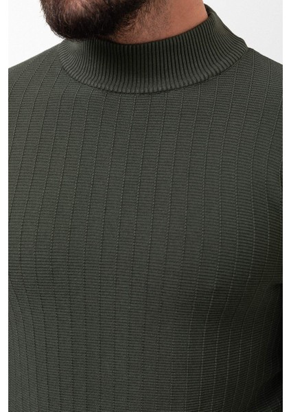 Desenli Haki Slim Fit Yarım Balıkçı Yaka Erkek Triko Kazak