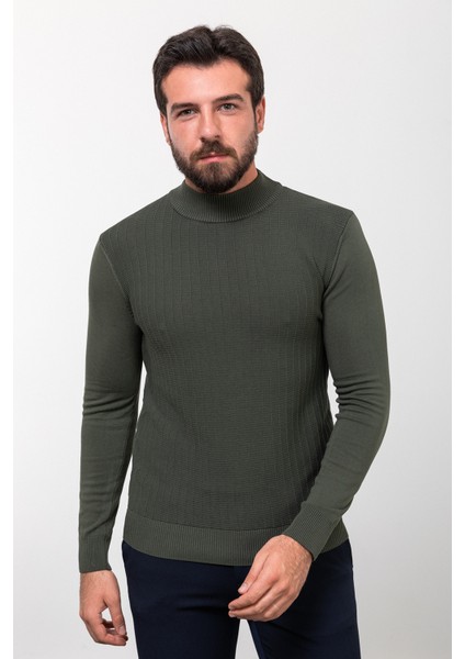 Desenli Haki Slim Fit Yarım Balıkçı Yaka Erkek Triko Kazak