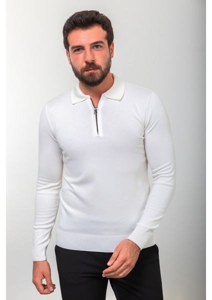 Düz Ekru Slim Fit Fermuarlı Polo Yaka Erkek Triko Kazak