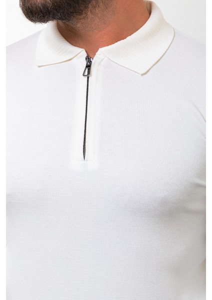 Düz Ekru Slim Fit Fermuarlı Polo Yaka Erkek Triko Kazak fiyatları