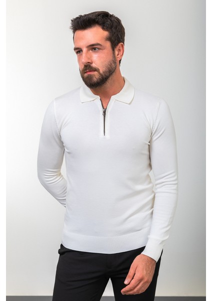 Düz Ekru Slim Fit Fermuarlı Polo Yaka Erkek Triko Kazak modelleri