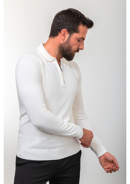 Düz Ekru Slim Fit Fermuarlı Polo Yaka Erkek Triko Kazak fırsatları