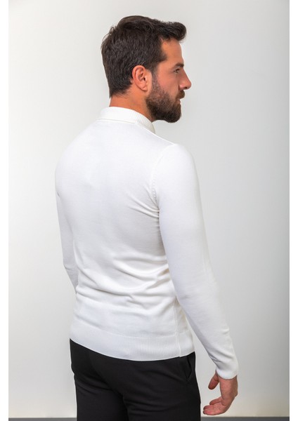 Düz Ekru Slim Fit Fermuarlı Polo Yaka Erkek Triko Kazak indirimleri