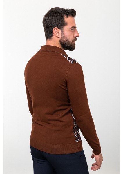 Desenli Fındık Rengi Slim Fit Polo Yaka Erkek Triko Kazak