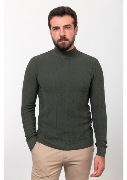 Desenli Haki Slim Fit Yarım Balıkçı Yaka Yün Erkek Triko Kazak