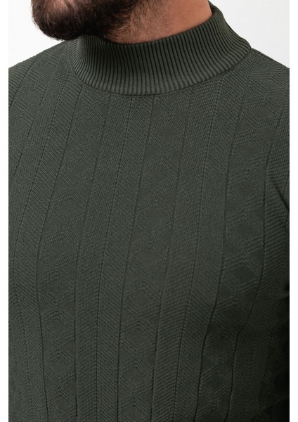 Desenli Haki Slim Fit Yarım Balıkçı Yaka Yün Erkek Triko Kazak fiyatları