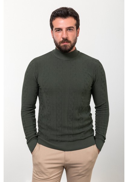 Desenli Haki Slim Fit Yarım Balıkçı Yaka Yün Erkek Triko Kazak fırsatları