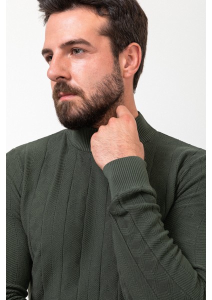 Desenli Haki Slim Fit Yarım Balıkçı Yaka Yün Erkek Triko Kazak indirimleri