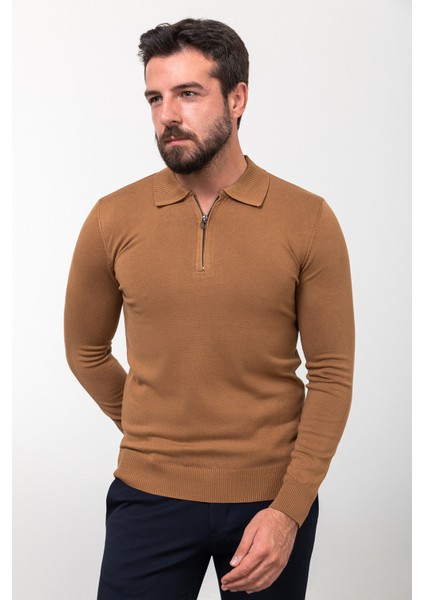 Düz Kamel Slim Fit Fermuarlı Polo Yaka Erkek Triko Kazak