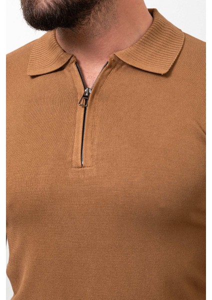 Düz Kamel Slim Fit Fermuarlı Polo Yaka Erkek Triko Kazak