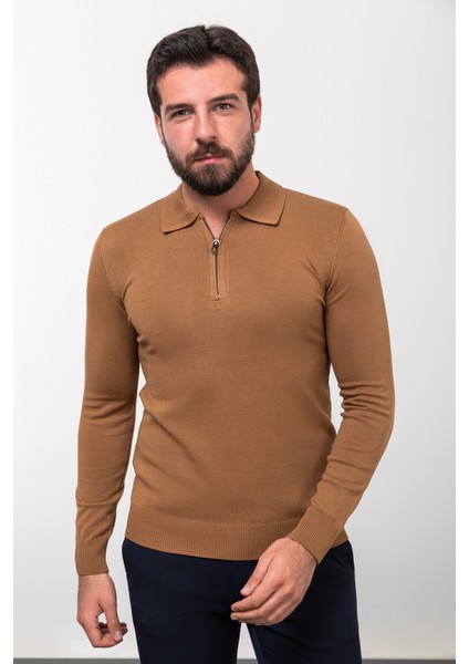 Düz Kamel Slim Fit Fermuarlı Polo Yaka Erkek Triko Kazak